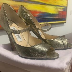 Jimmy Choo Sz 37 Textured Peep Toe Advent Metallic Pump Platinum/Bronze 4.5 in